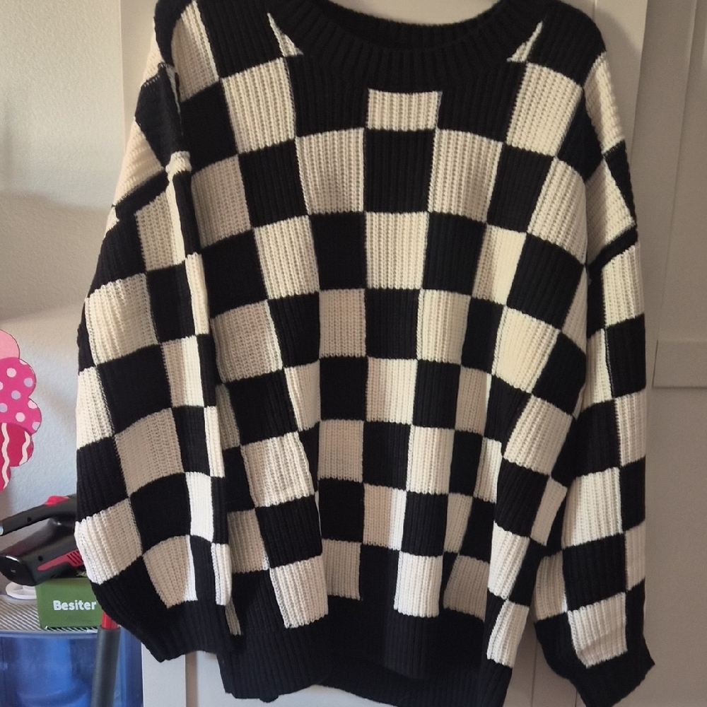 Torrid Black and White Checkered Crew Neck Sweater